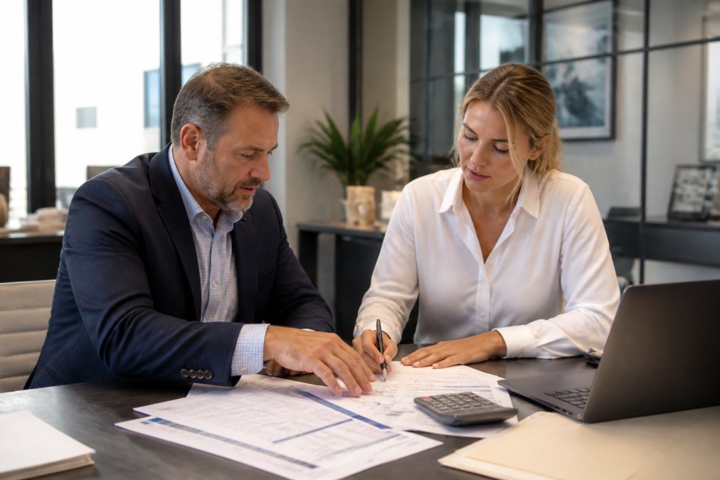 A commercial lender and a business owner reviewing financial documents and collateral spreadsheets across a conference table in a bright office, with a laptop open and a calculator nearby