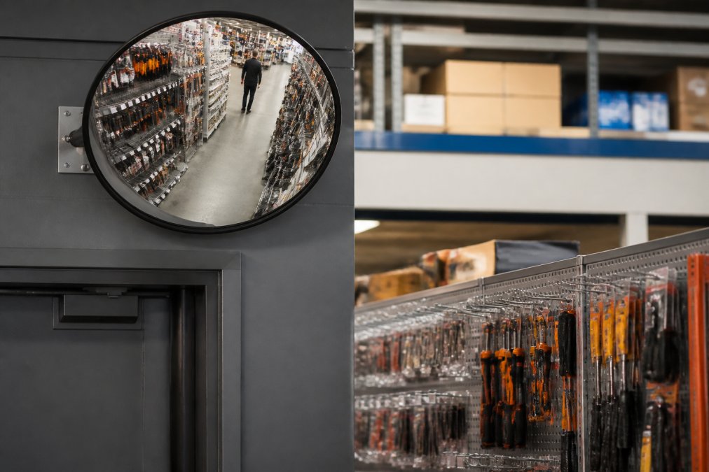 A hardware store aisle with a convex observation mirror mounted high on the wall, showing the reflection of shelves stocked with tools and a staff member walking through the aisle