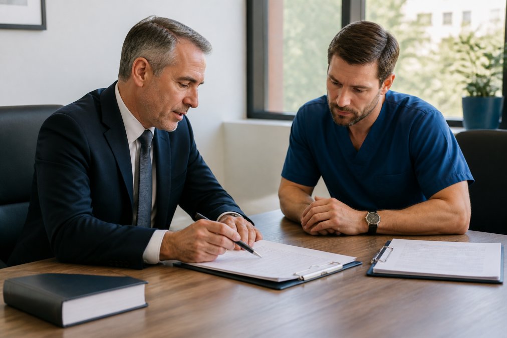 A professional advisor reviewing legal documents with a medical practice owner across a bright modern office desk, natural window light