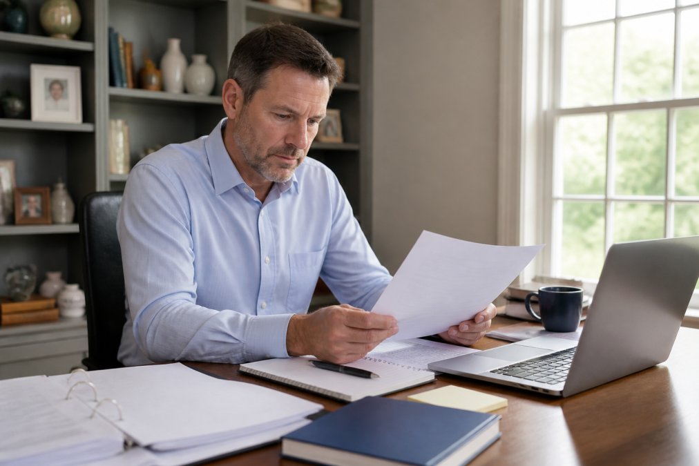 Professional in home office reviewing legal documents and financial records at desk with laptop and notebook, natural window lighting