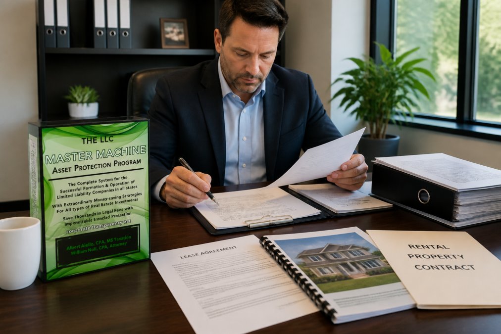 Real estate investor reviewing property documents and lease agreements at a desk with laptop, filing folders, and rental property contracts in natural office lighting
