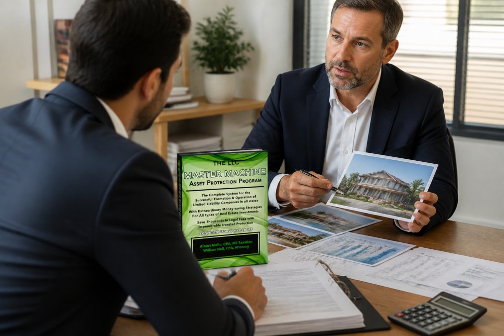 Professional meeting with financial advisor discussing real estate portfolio strategy with property photos, ownership documents, and investment spreadsheets on table in modern office setting