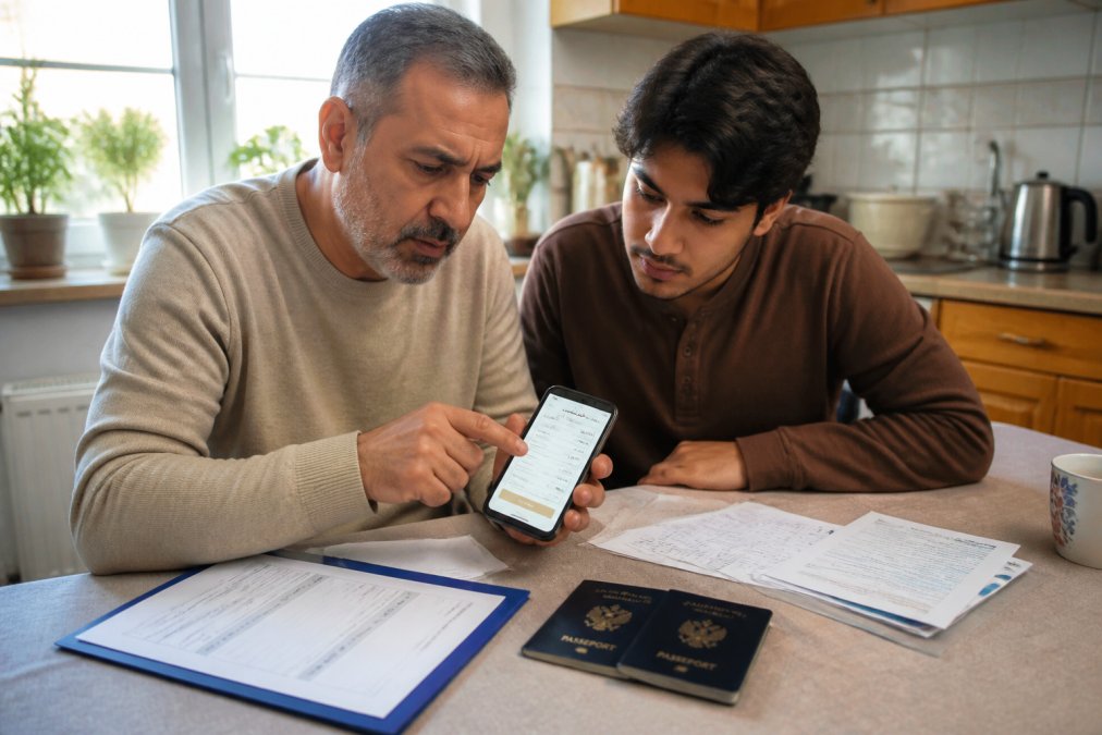 Famille utilisant un smartphone pour une assistance inscription hajj via le profil familial Nusuk