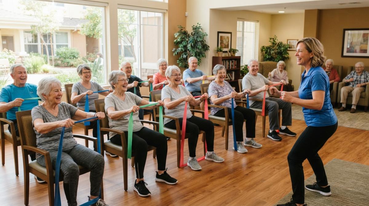 Older adults participating in a group fitness class in a bright, welcoming community room with natural lighting, showing engagement and smiling faces