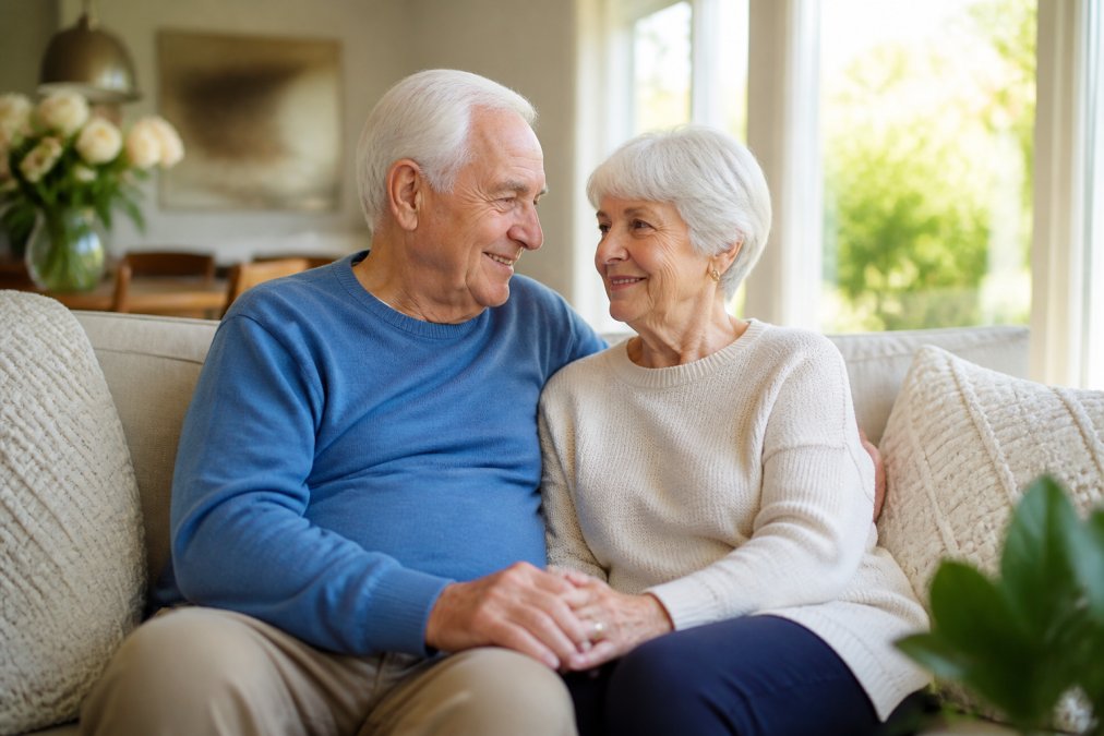 An elderly couple sitting close together on a comfortable sofa in a bright, home-like living room, holding hands and looking content