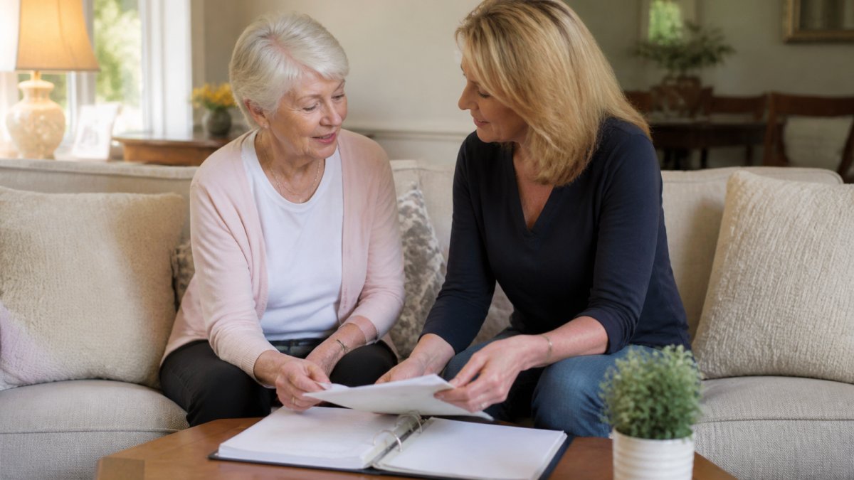 Adult daughter and senior mother reviewing paperwork while touring an assisted living for seniors facility.