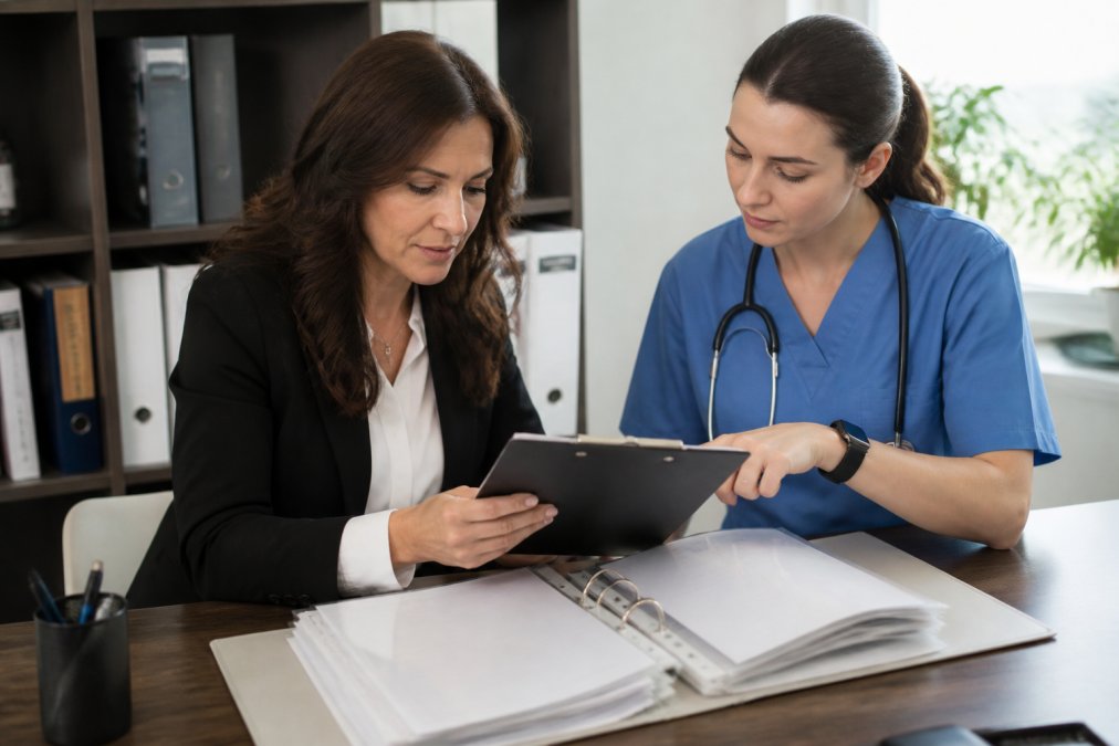A facility administrator reviewing a staff training binder with a nurse in a bright office, both looking at a checklist on a clipboard