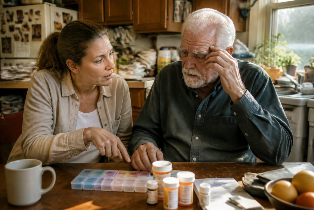Adult daughter helping her confused father organize pills during his memory care transition in a cluttered kitchen