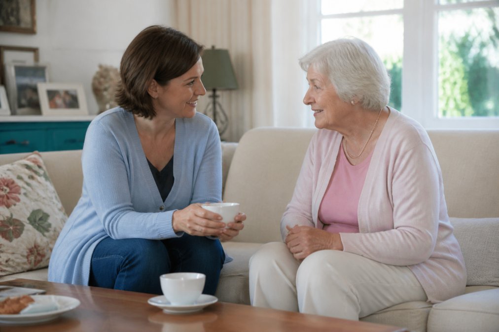 Adult child and elderly parent sitting together in a comfortable living room, having a calm, caring conversation over tea or coffee, natural afternoon lighting through windows