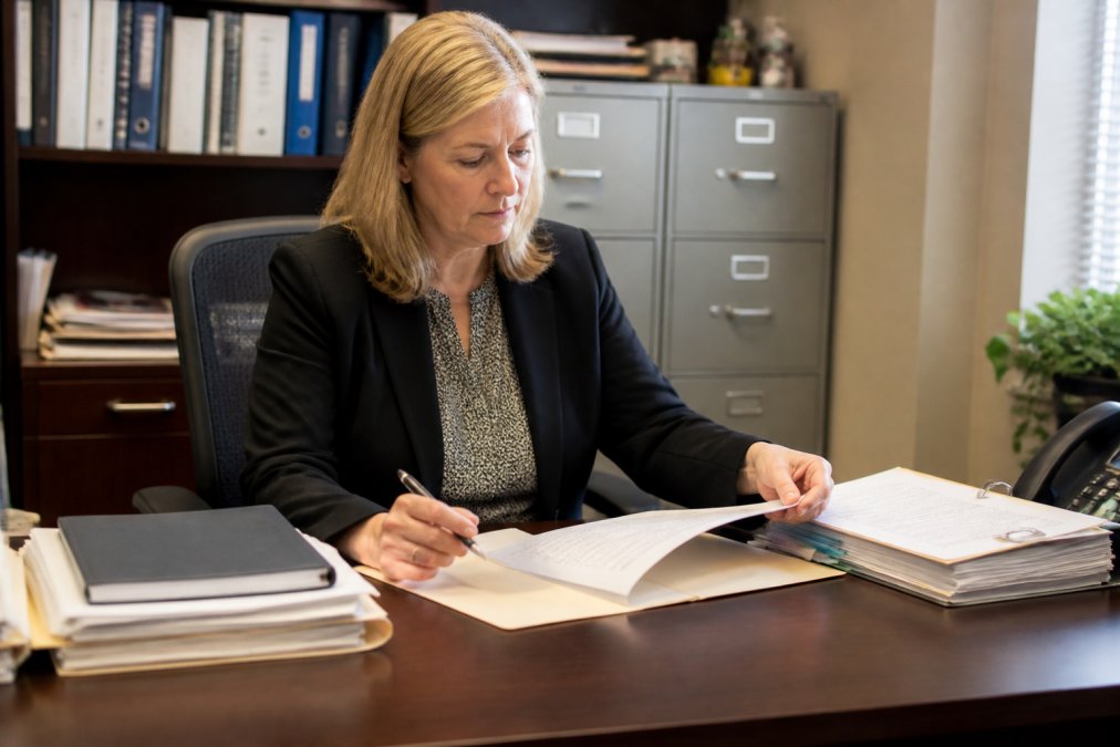 Administrator reviewing assisted living policy and procedure templates on computer screen at desk with filing cabinet and printed documents visible in background