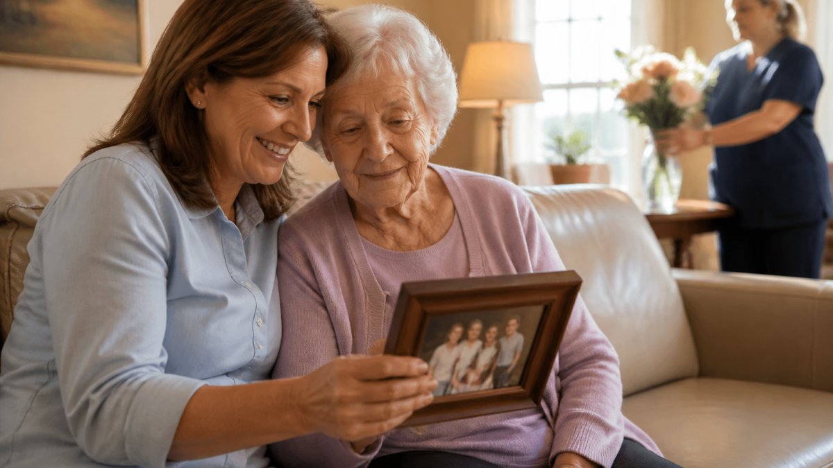 Daughter holding her mother’s hand in a cozy room during an assisted living transition, looking at family photos.