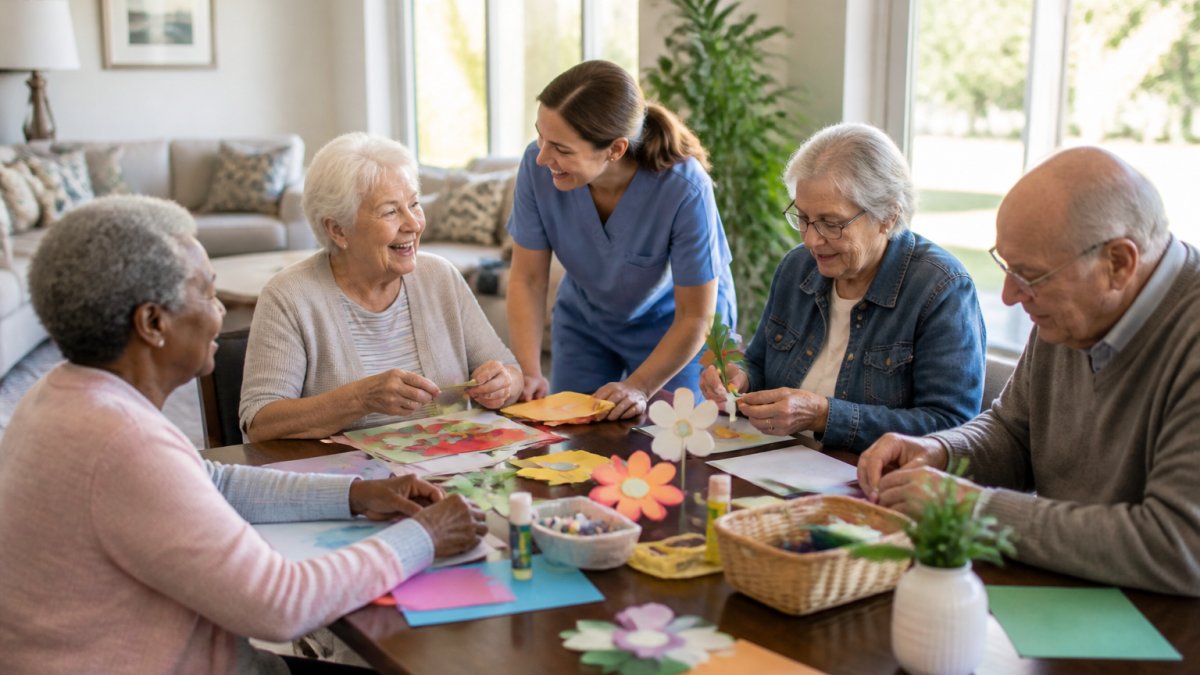 Senior residents in an assisted living common area participating in a group craft activity together, sitting at a table with materials, smiling and engaged with each other and staff members nearby, natural afternoon lighting from large windows