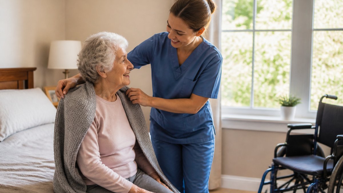 Compassionate caregiver assisting a senior resident with daily activities in a bright, welcoming room with natural lighting