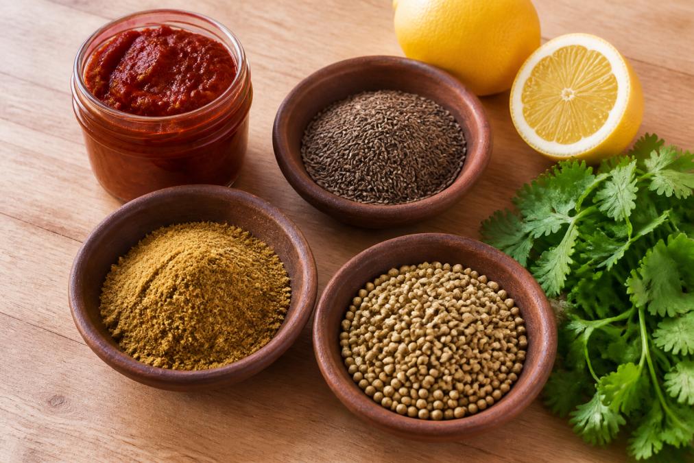 Assortiment coloré d'épices en poudre et en graines (cumin doré, graines de coriandre vertes, carvi brun foncé) disposées dans des petits bols en terre cuite artisanale, avec des citrons frais jaunes, une pâte harissa rouge profond en pot de verre, et quelques brins de coriandre fraîche sur une surface en bois clair teinté