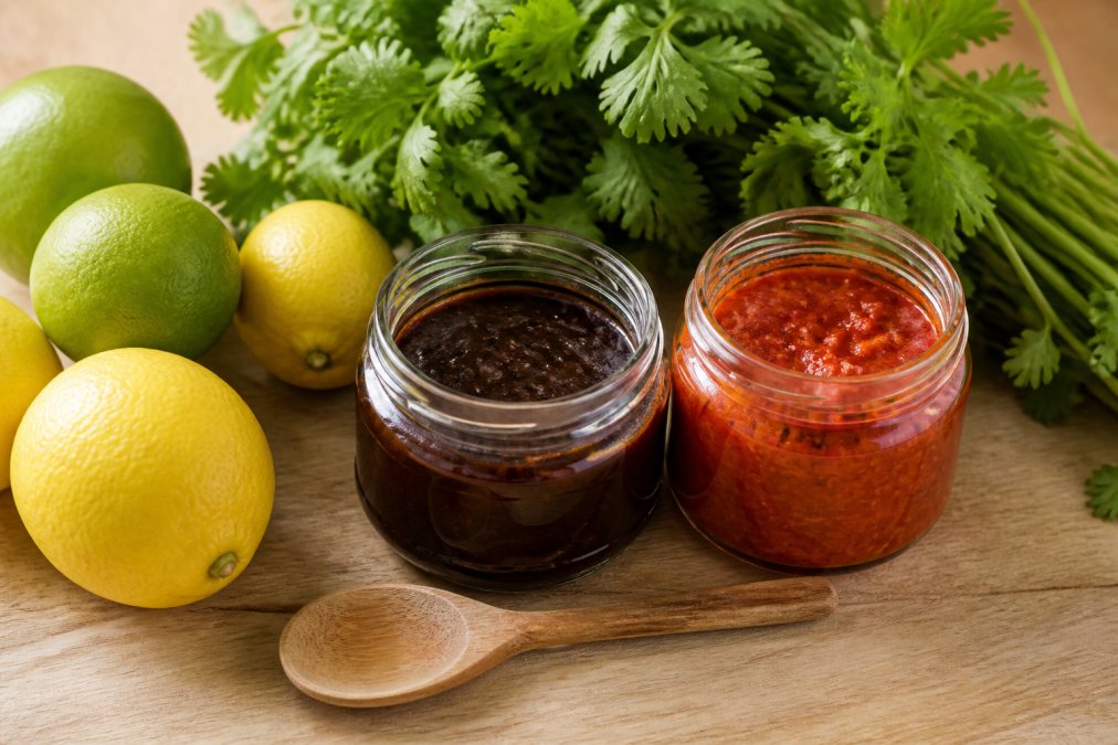 Pot de pâte de citron noir (loumi) ouvert avec sa couleur brun foncé brillante, à côté d'un pot de harissa rouge vif, avec des citrons frais jaunes et verts, des brins de coriandre fraîche verte, et une cuillère en bois sur une surface en bois clair naturel
