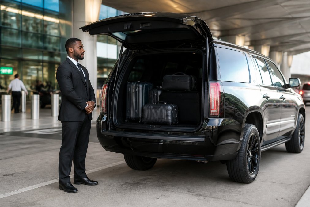 A professional chauffeur in a dark suit standing beside a premium black luxury SUV truck at a modern airport departure area, luggage loaded neatly in the cargo area, warm ambient lighting from terminal overhead lights