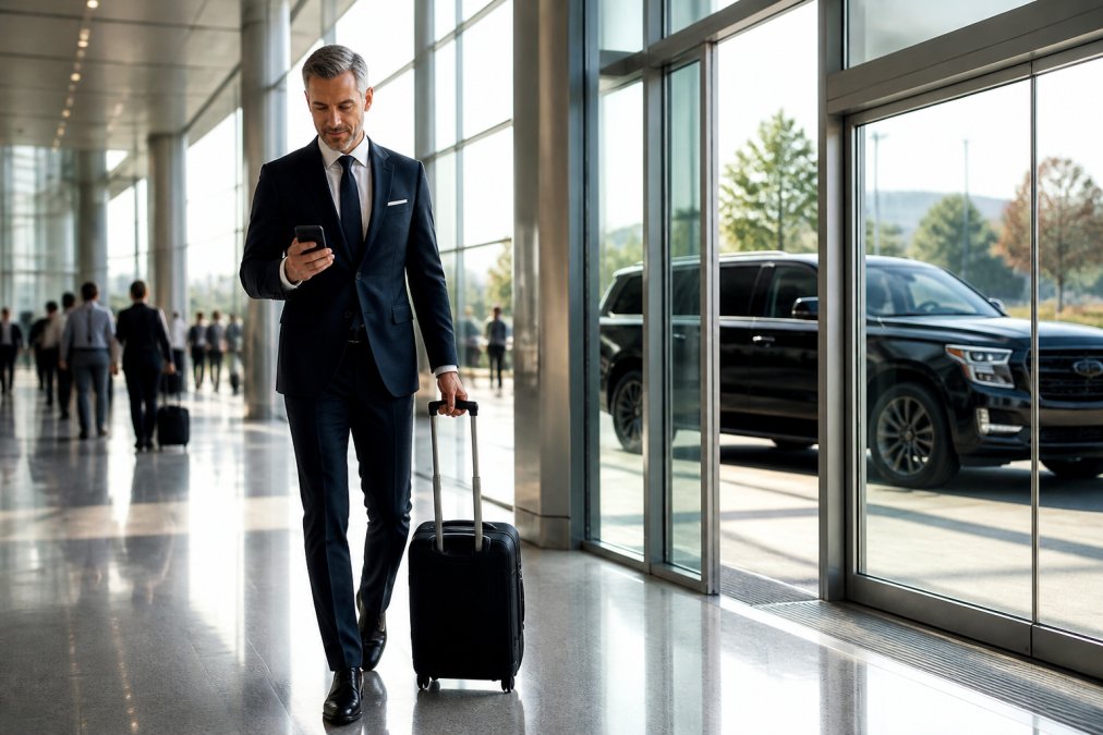 A well-dressed business executive in a tailored suit walking through a bright airport terminal with a carry-on bag, glancing at a smartphone, a sleek black luxury SUV visible through the glass doors outside in soft afternoon light