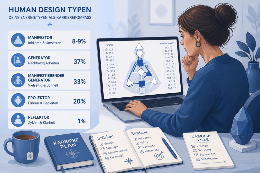 Eine Unternehmerin sitzt konzentriert vor ihrem Laptop und studiert ihr Human Design Chart, auf dem Schreibtisch liegen handschriftliche Notizen, eine Tasse Tee und ein offenes Notizbuch mit Karriereplänen und Strategien
