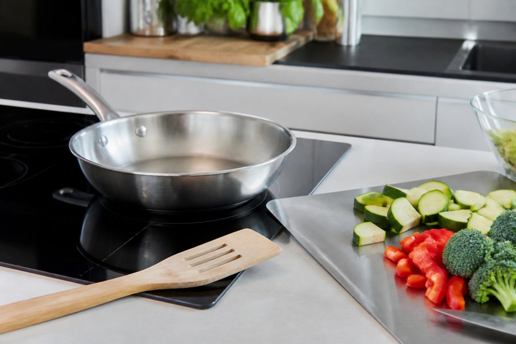 Plan rapproché d'une cuisine domestique lumineuse avec une poêle en inox posée sur une plaque à induction, une spatule en bois à côté et des légumes frais coupés sur une planche en acier inoxydable