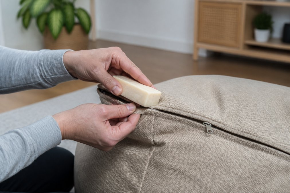 Gros plan sur des mains appliquant un morceau de savon de Marseille le long des dents d'une fermeture éclair de pouf en tissu, dans un salon lumineux