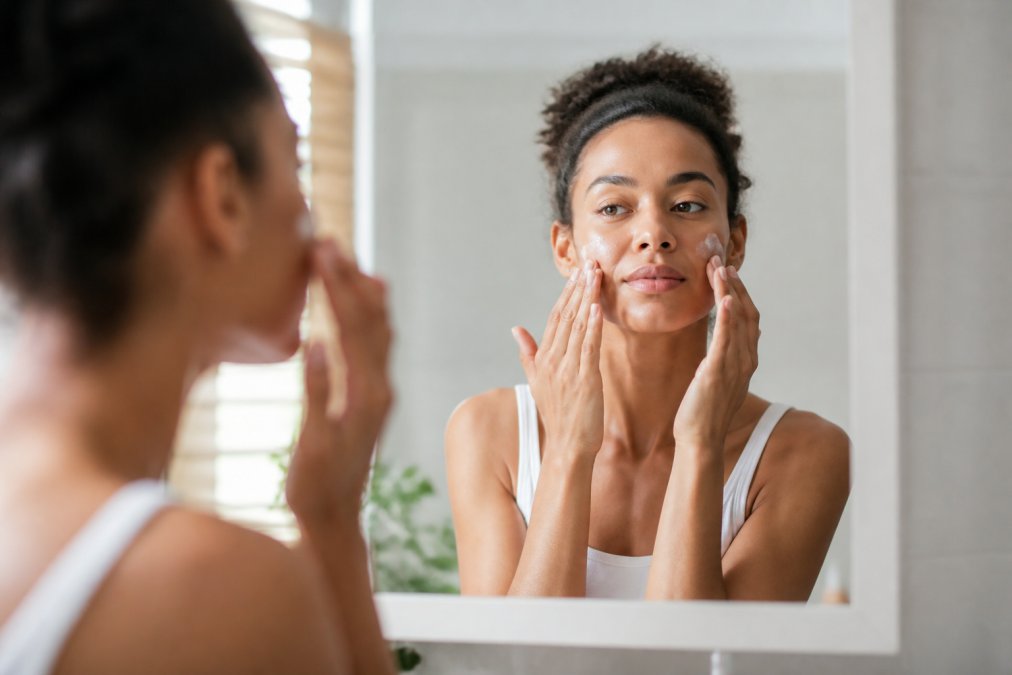 Close-up of a woman's hands applying moisturizer to her face in front of a bathroom mirror, soft natural light, morning skincare ambiance