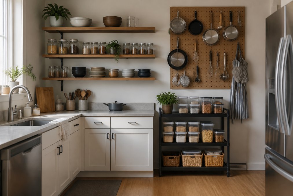 A bright, modern kitchen with open shelving, a pegboard wall holding pots and utensils, and a small cart with stacked clear containers, showing an organized small space without upper cabinets