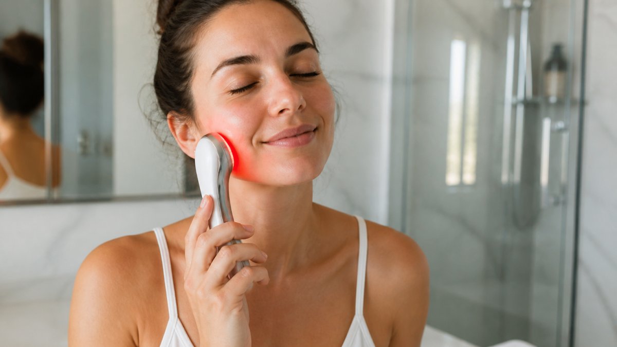 Person using a handheld LED facial device in a modern bathroom with soft natural lighting, holding the device at a comfortable angle near their face with a relaxed expression
