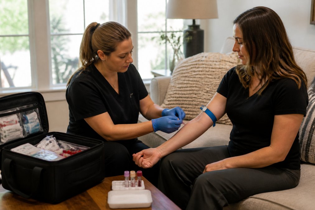 A uniformed certified phlebotomist performing a blood draw on a patient seated comfortably in a home living room, with a professional medical kit open on the coffee table beside them, warm natural lighting through a window