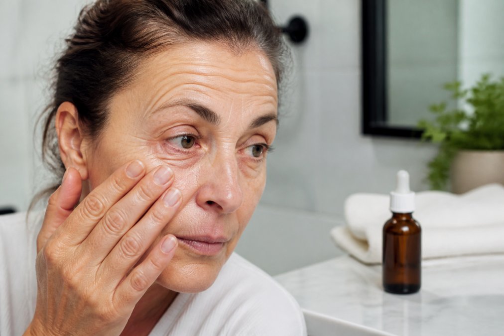 Close-up of a woman in her 50s touching her cheek near her eye, showing fine lines and wrinkles, with a small bottle of acid peel solution on a bathroom counter in the background