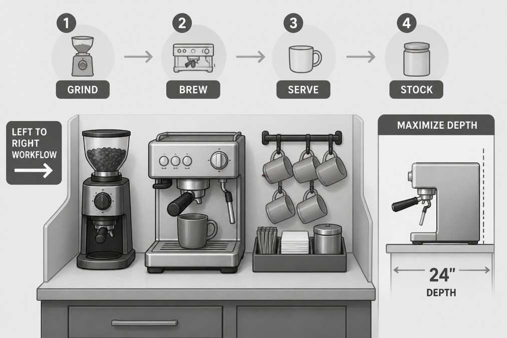 A compact coffee station arranged in a left-to-right workflow with a grinder, espresso machine, and mug rack on a small counter, with a measuring tape showing the 24-inch depth