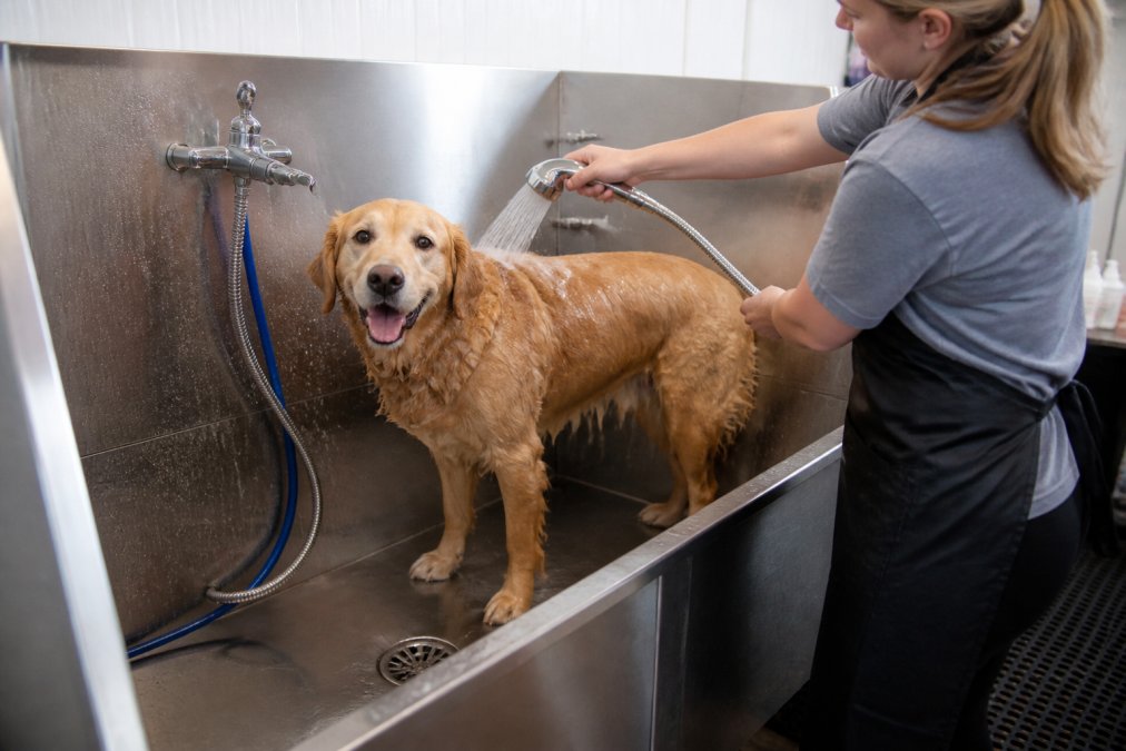Owner rinsing a dog in a stainless steel grooming tub, as featured in dog bath tub reviews for mess-free washing.