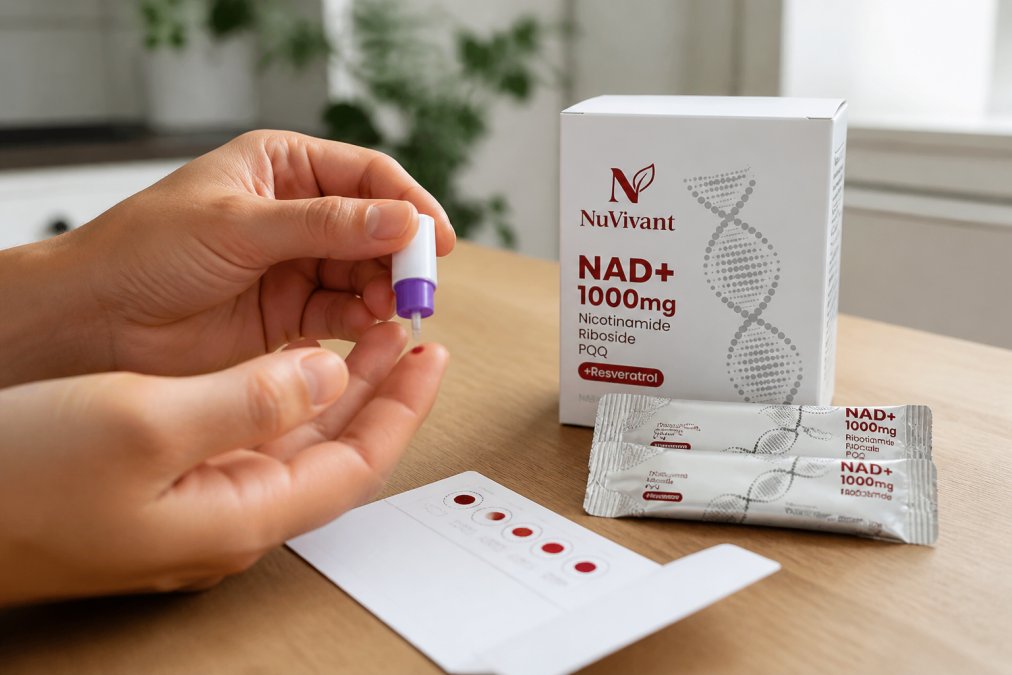 Close-up of a person's fingertip with a small lancet and blood sample collection card showing dried blood spots being collected in a home setting with natural daylight