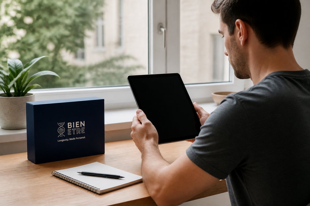 Person reviewing a personalised health report on a tablet device with a notebook and pen nearby, sitting in natural daylight by a window
