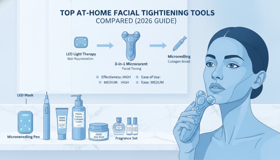Woman using a handheld 3-in-1 microcurrent facial device on her jawline in a bright modern bathroom, with skincare products visible on the marble counter
