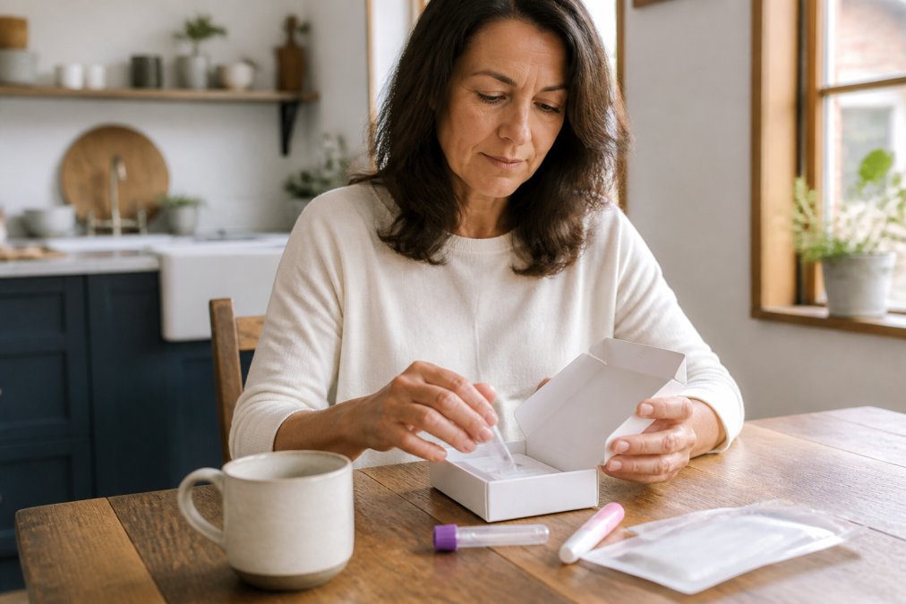 A woman in her forties sitting at a kitchen table in morning light, opening a small at-home hormone test kit box with a finger-prick lancet and collection tube visible beside a cup of tea