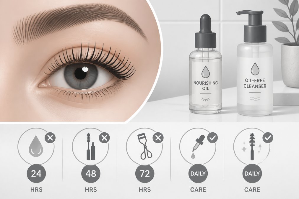 Close-up of a woman's eye with freshly lifted lashes showing defined curl and shine, with a bottle of nourishing oil and oil-free cleanser on a clean white bathroom counter with soft natural lighting