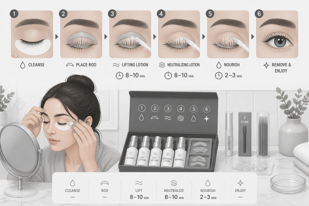 Woman's hands carefully applying lash lift kit at home, showing silicone rod placement under the lashes with lifting lotion being applied with precision, with organized products visible on a clean bathroom counter in natural lighting