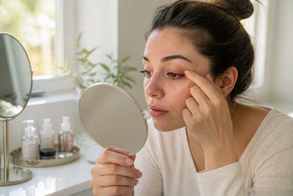 A woman with slightly reddened eyelids examining her lashes closely in a handheld mirror, seated at a bright vanity with natural window light