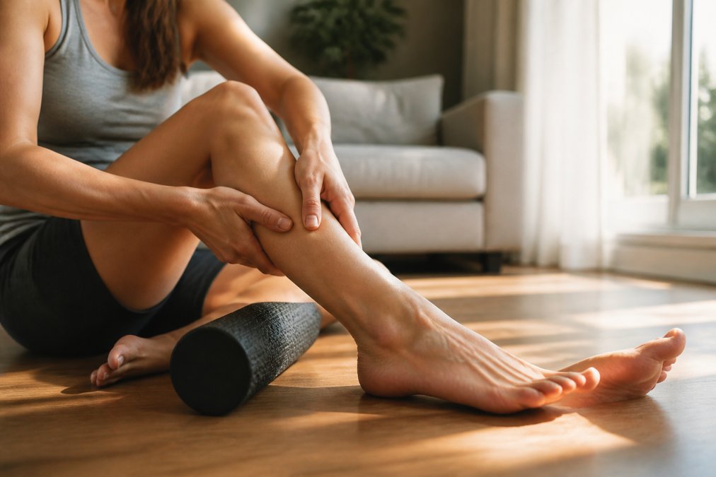 Woman using a foam roller on her foot for plantar fasciitis relief in a sunlit wooden living room