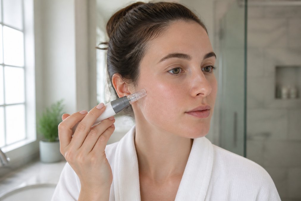 Close-up of a woman's hand holding a wireless microneedling pen device near her clean, makeup-free face, in a bright modern bathroom with soft natural window light