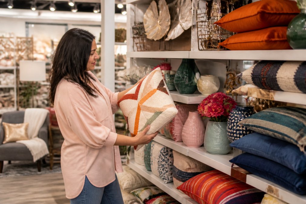 Person browsing colorful home decor items including throw pillows, vases, and decorative wall art on store shelves, examining product details with natural store lighting