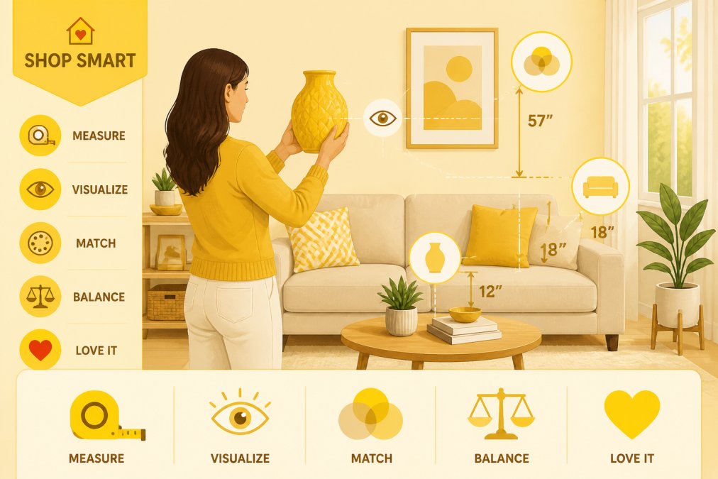 Homeowner in modern living room holding up a decor piece, comparing it against existing furniture and wall color with natural window lighting