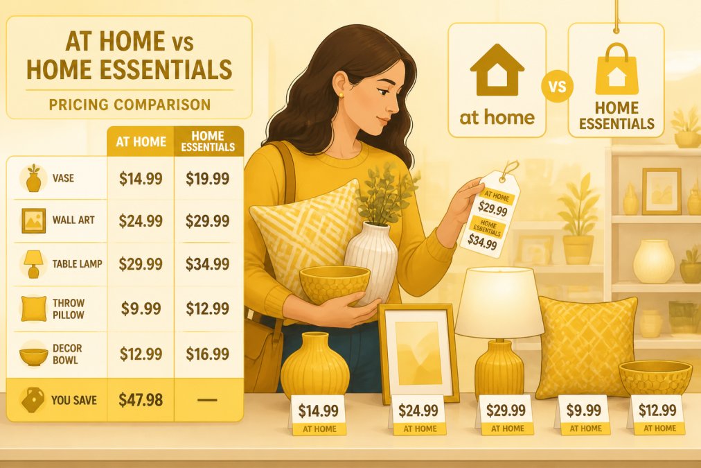 Shopper examining price tags on home décor items at a retail counter, comparing costs while holding multiple products in natural store lighting