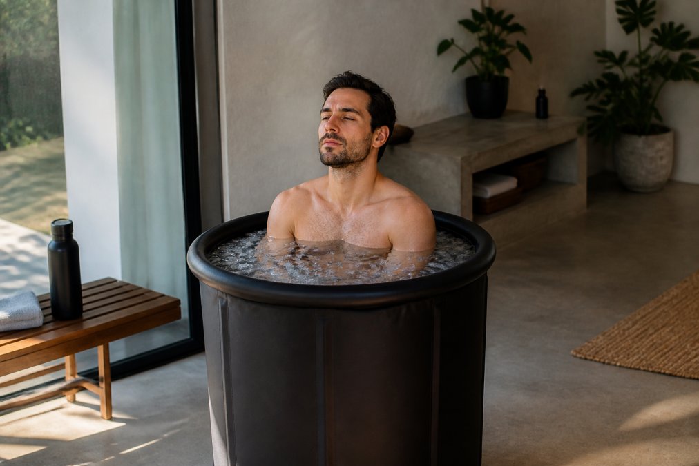 Professional in modern home spa setting using portable ice bath bucket for cold therapy recovery, with natural daylight and minimalist decor