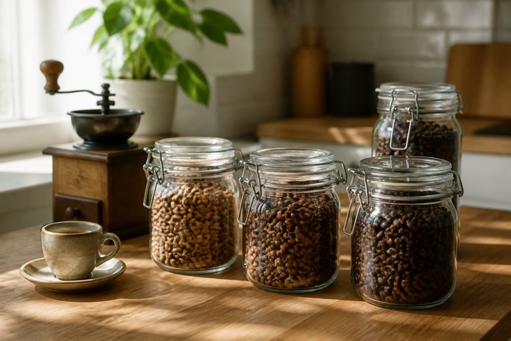 Organiseret kaffeopbevaringskonfiguration på køkkenbord, med lufttætte glaskrukker fyldt med hele kaffebønner i forskellige farver, en manuel kaffekværn, og en espressokop på siden, fotograferet i naturligt dagslys fra vindue
