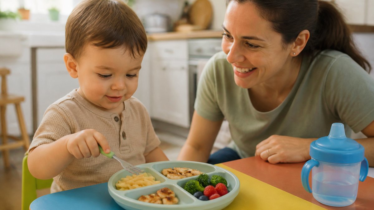 Infographic showing a balanced meal plan for toddlers with portions of pasta, chicken, berries, and broccoli.
