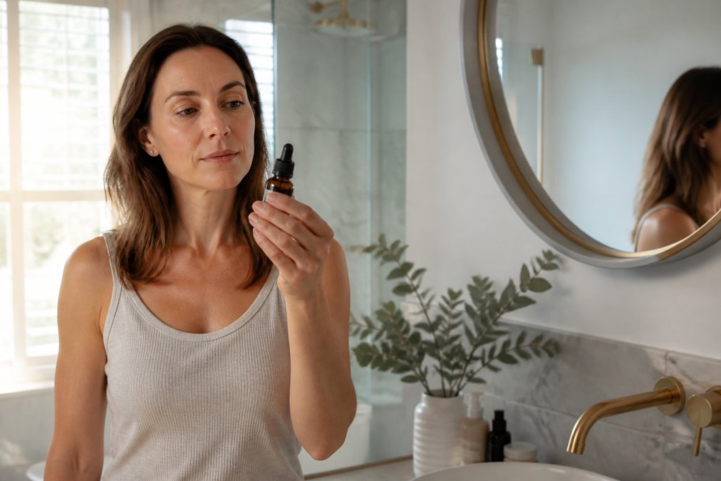 Woman in her late thirties thoughtfully considering when to start using retinol while holding a serum bottle.