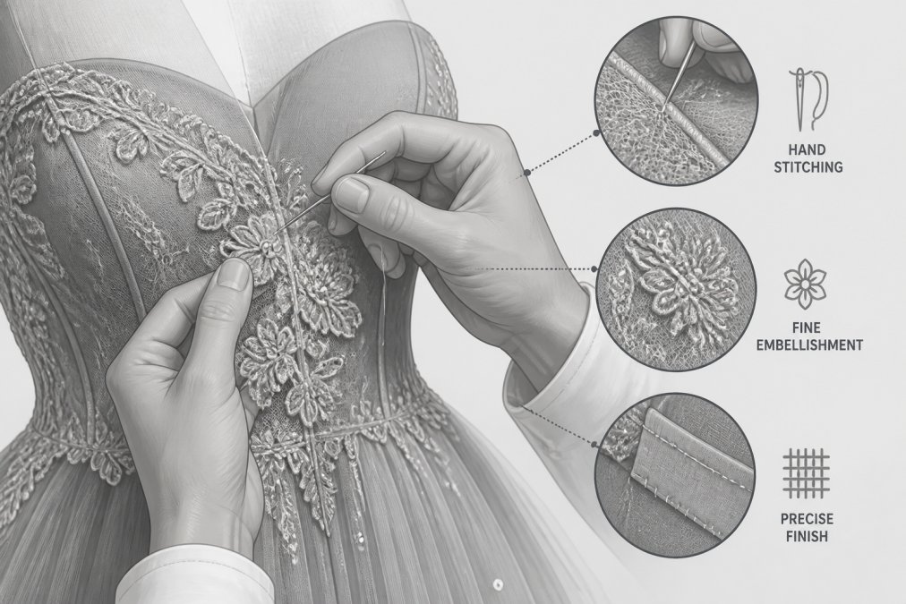 Close-up of a tailor's hands carefully hand-stitching delicate lace embellishment onto the bodice of an evening gown, showing intricate needle work and precision craftsmanship with fine thread