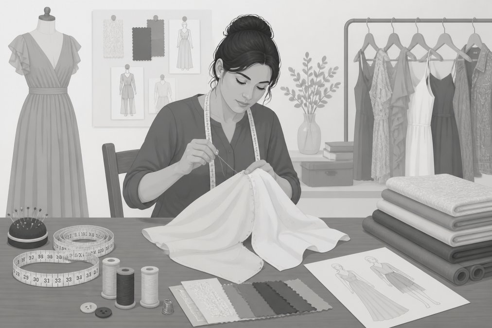 Experienced seamstress in a bright atelier studio, seated at a wooden sewing table with pinned fabric draped across her lap, carefully hand-stitching a delicate seam with needle and thread, surrounded by measuring tapes and fabric swatches