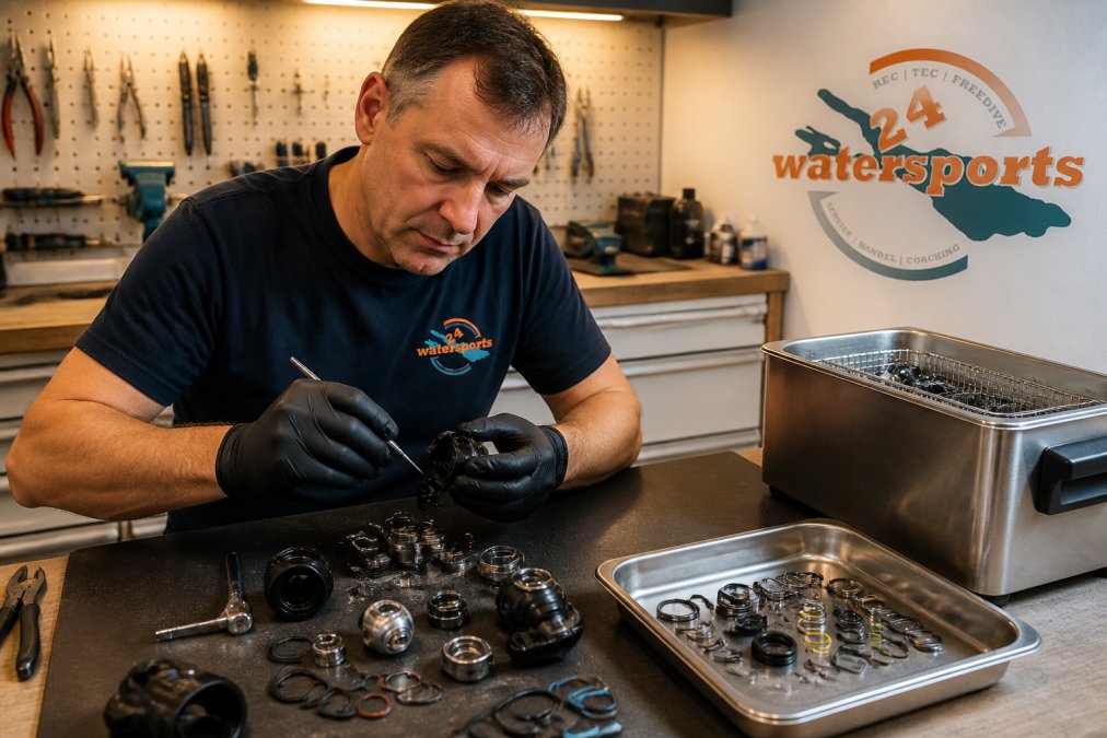 Ein zertifizierter Techniker in einer sauberen Tauchwerkstatt zerlegt einen Atemregler auf einer Werkbank, daneben liegen O-Ringe, Ventilsitze und ein Ultraschallbad mit gereinigten Bauteilen, warmes Werkstattlicht